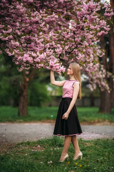 Attraente ragazza in abito stand in parco vicino all'albero dei fiori. Capelli biondi femminili. Sakura di albero rosa — Foto Stock