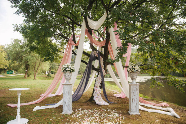 Большое дерево, украшенное для свадебной церемонии снаружи
