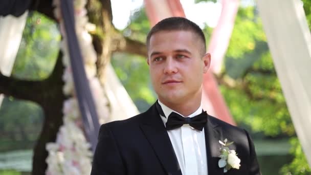 Portrait of handsome groom outside. Tie bow — Stock Video