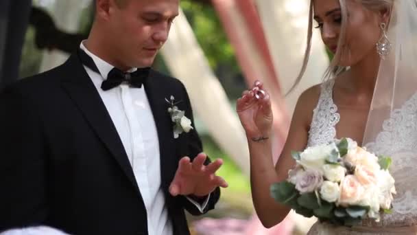 Düğün töreni dışında çift. güzel gelin ve yakışıklı damat. Yeni evli — Stok video