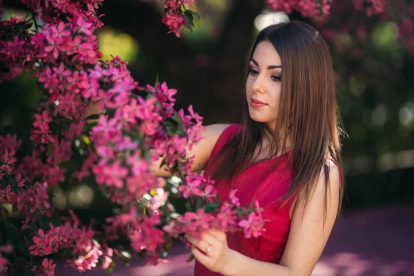 Hermosa dama de pie junto al gran color voilet árbol floreciente. Chica feliz con maquillaje en primavera —  Fotos de Stock