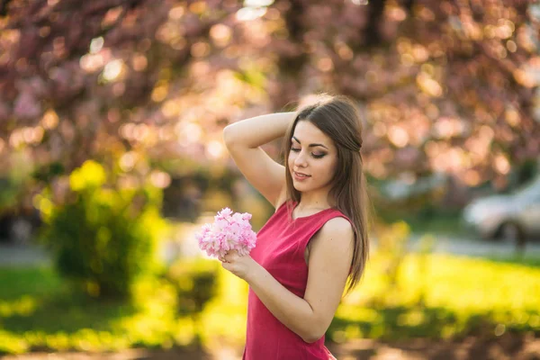 Encantadora chica en hermoso vestido rosa sostienen ramo de sakura en las manos. Hermosa chica europea cerca del árbol japonés —  Fotos de Stock