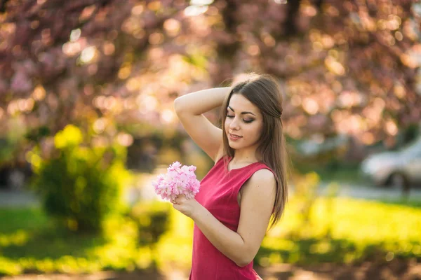 Charming girl in beautiful pink dress hold bunch of sakura in hands. Beautiful european girl near the japanese tree — Stock Photo, Image