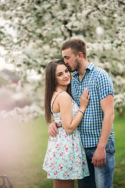 Casal jovem apaixonado descansando no jardim florescente. árvores florescentes brancas — Fotografia de Stock