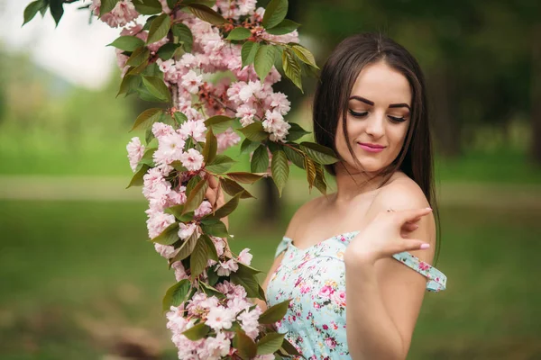 Mooi meisje in jurk staan door de roze bloeiende boom — Stockfoto