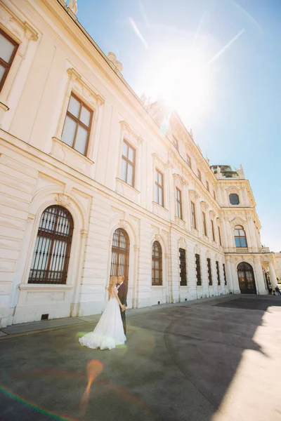Caminhada de casal perto do grande palácio. Elegante noivo e noiva em suas roupas de casamento. Amor. — Fotografia de Stock