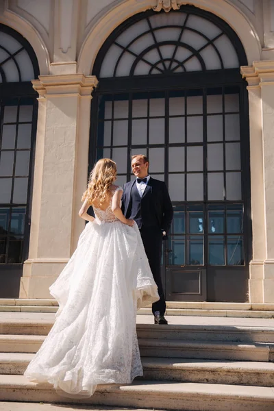 O noivo e a noiva ficam nas escadas junto ao grande palácio de Wiena. Casal elegante — Fotografia de Stock