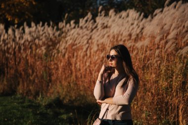 Mavi elbiseli güzel bir kız parkta yürüyor. Güneşli bir gün. Yaz