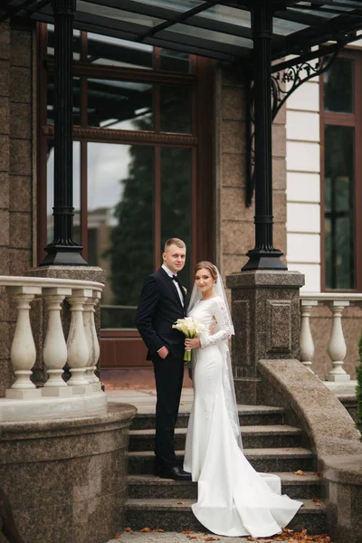 세련된 커플은 궁전 옆 계단에 서 있습니다. 결혼식에서 잘 생긴 신랑과 고주우스 신부 — 스톡 사진