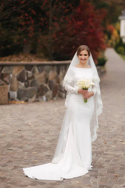 Bela noiva em elegante vestido de noiva stant no parque e segure um buquê de flores. Senhora encantadora — Fotografia de Stock