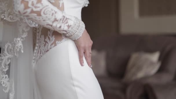 Belle robe de mariée sur charmante mariée. Élément de bijoux — Video