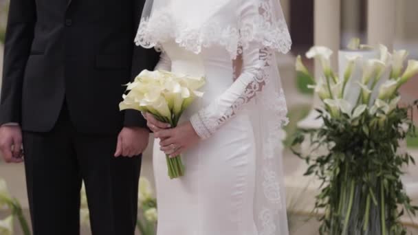 Célébration moyenne du marié et de la mariée lors de la cérémonie de mariage debout à l'extérieur par l'arche — Video