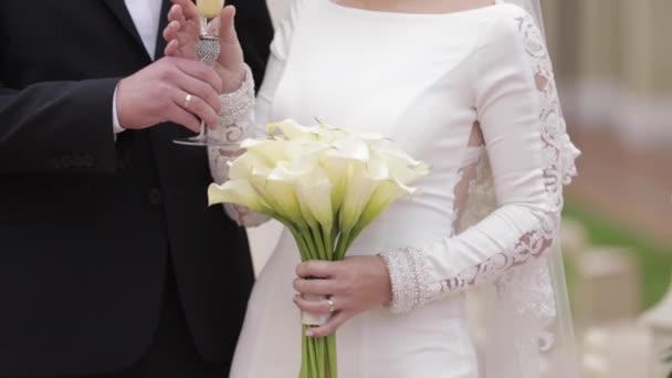 Νεόνυμφοι κάνουν μια σαμπάνια στην γαμήλια τελετή — Αρχείο Βίντεο