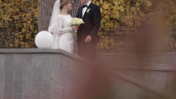 Lyckliga nygifta promenader i parken. Elegant brud och handome brudgummen utanför — Stockvideo