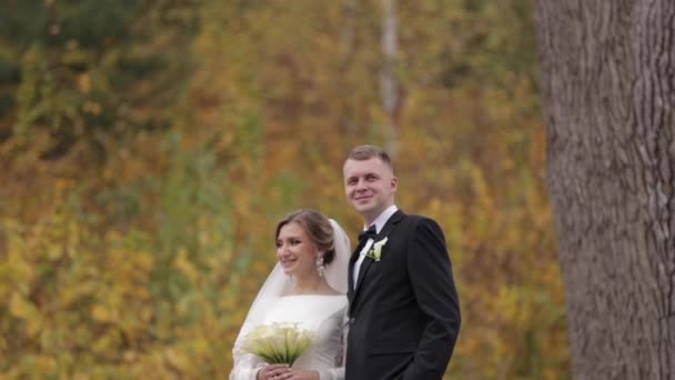 Mariée et fiancée se tiennent sur le haut des escaliers et regardent la forêt. Contexte de la forêt d'automne — Video