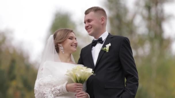 Celexión media de la pareja recién casada en el parque — Vídeo de stock