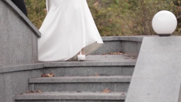 Ženich a nevěsta jít po schodech dolů — Stock video