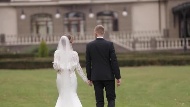 Vista posteriore dello sposo e della sposa che camminano verso il palazzo — Video Stock