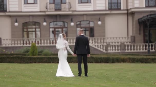 Achteraanzicht van de bruidegom en bruid wandelen naar het paleis — Stockvideo