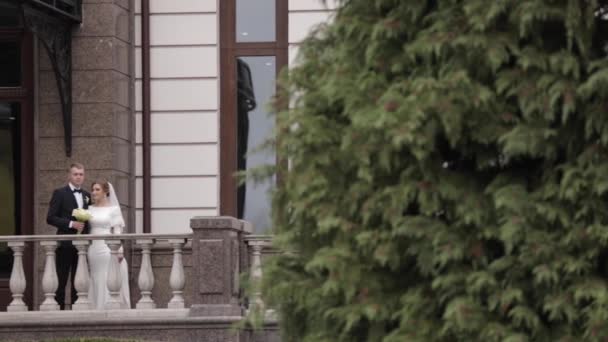 Happy wedding couple stand on beautiful balcony by the palace — Stock video