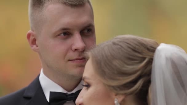 Stilvolles Paar in Hochzeitskleidung verbringt Zeit miteinander in ihrem Hochzeitstag. Aufklappen — Stockvideo