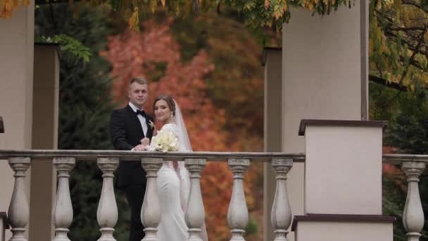 Hermosa pareja de boda de pie en te balcón de otoño, fondo del bosque — Vídeo de stock