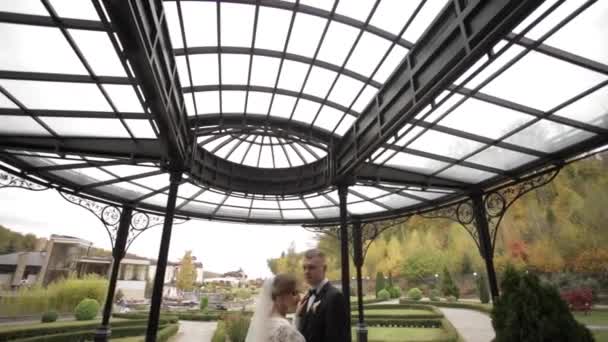 Nur ein Ehepaar steht auf dem schönen Balkon. Stilvolle Menschen — Stockvideo
