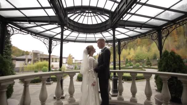 Just marrie couple stand on the beautiful balcony. Stylish people — Stock Video