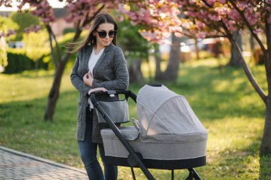 Bebek arabasında bebeğiyle parkta yürüyen genç anne.