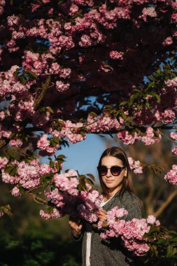 Blazer ve güneş gözlüğü güzel kız sakura ağacının yanında durmak. Parkta güzel pembe ağaç
