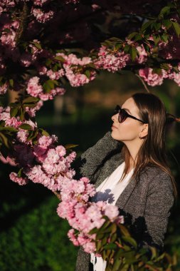 Blazer ve güneş gözlüğü güzel kız sakura ağacının yanında durmak. Parkta güzel pembe ağaç