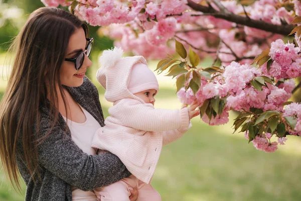 Mor visar granar tid till dottern Pink Tree. Happy baby Hold gren av Sakura. Side View — Stockfoto