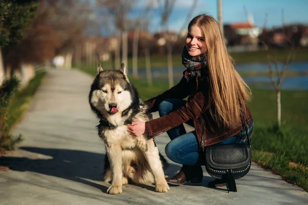 Krásná mladá dívka chodí s huskym psem. Šťastná samice s mazlíčkem — Stock fotografie