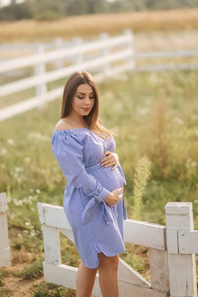Kobieta w ciąży położyć rękę na jej brzuch i pieszczoty. Piękne matki przyszłych — Zdjęcie stockowe