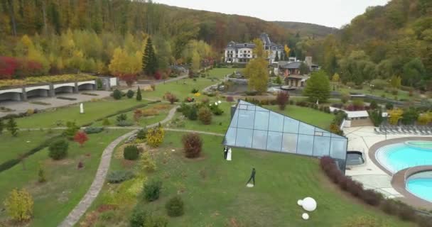 Vue de Copter du mariage. Mariée et marié marchant si grand parc entouré par la forêt 
