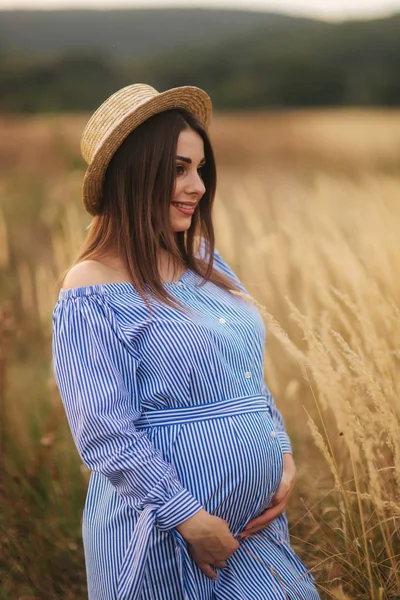 Una tenera donna incinta cammina in un campo. Signora con cappello in abito blu. Rilassati. La donna sta aspettando un bambino — Foto Stock