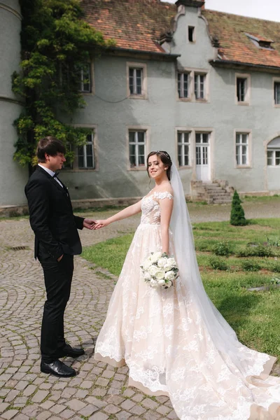 Os recém-casados estão andando no parque perto do grande castelo. Bela noiva com belo noivo — Fotografia de Stock