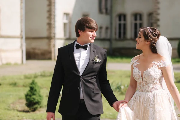 Os recém-casados estão andando no parque perto do grande castelo. Bela noiva com belo noivo — Fotografia de Stock