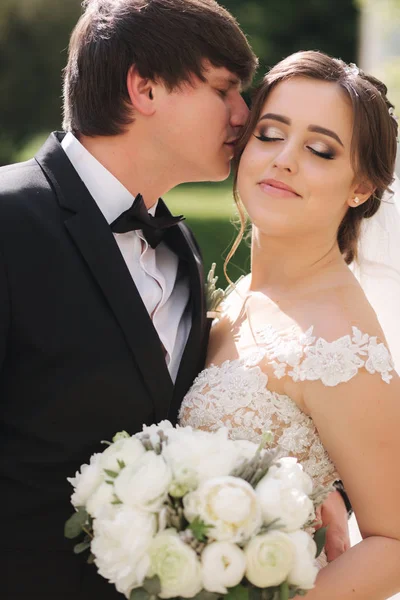 Primo piano ritratto di una bella coppia di sposi. Bello sposo con splendida sposa — Foto Stock