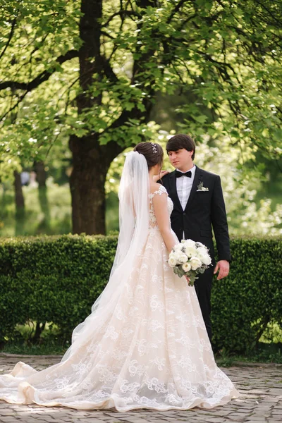公園でハンサムな新郎と美しい白いウェディングドレスでエレガンド花嫁。緑の背景 — ストック写真