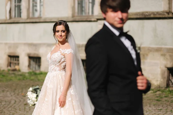 Nygifta står framför slottet. Brudgummen och bruden — Stockfoto