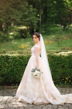 Parkta yürüyen gelinlik güzel gelin