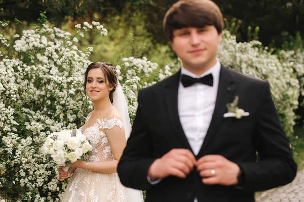 Stilig brudgummen Staind framför vackra bruden — Stockfoto