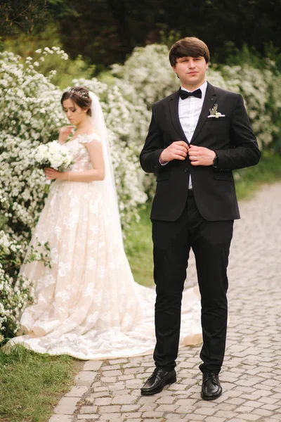 Όμορφος γαμπρός, μπροστά στην όμορφη νύφη — Φωτογραφία Αρχείου