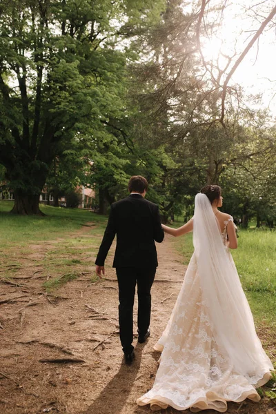 Vista posteriore di scopa e sposa che camminano nella foresta — Foto Stock