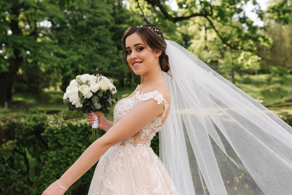 Hermosa novia tomar un velo nupcial y se levanta — Foto de Stock