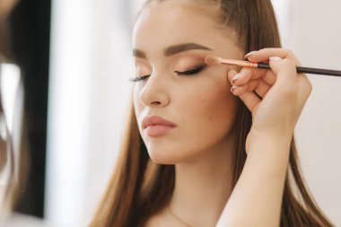 Model güzellik salonunda makyaj sanatçısı tarafından bir makyaj var. İlk kişi görünümü. Çilli Kızıl saçlı model. Makyaj ile modelleri yüz yakın