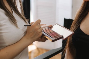 Makyaj sanatçısı bir pelette tutun ve iş için fırça koymak