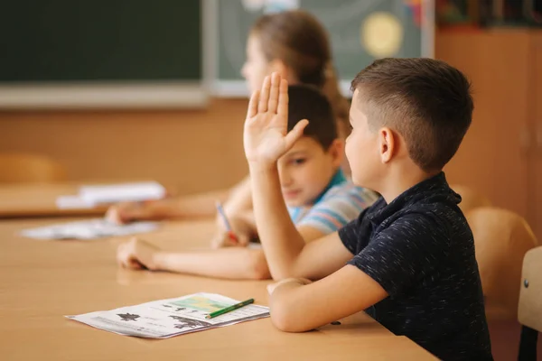 Estudante levantar a mão na sala de aula. Escola primária. Educação — Fotografia de Stock