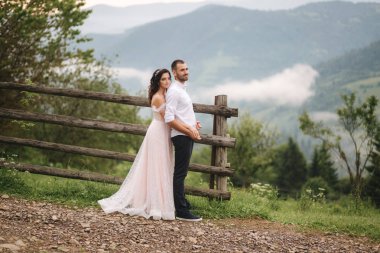 Sevimli gelin dağlarda onu yakışıklı damat sarılmak. Güzel düğün çift yürüyüş. Yeşil gackground